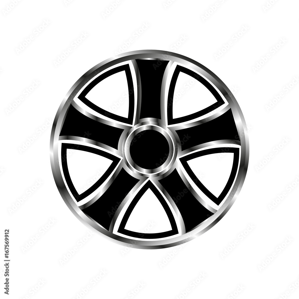 Obraz premium Vector illustration drive car wheel with black pattern and gradient metal parts on a white background