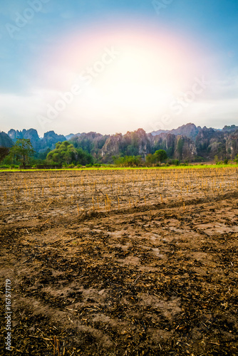 Rural landscape. Fields in season Natural rocky mountains