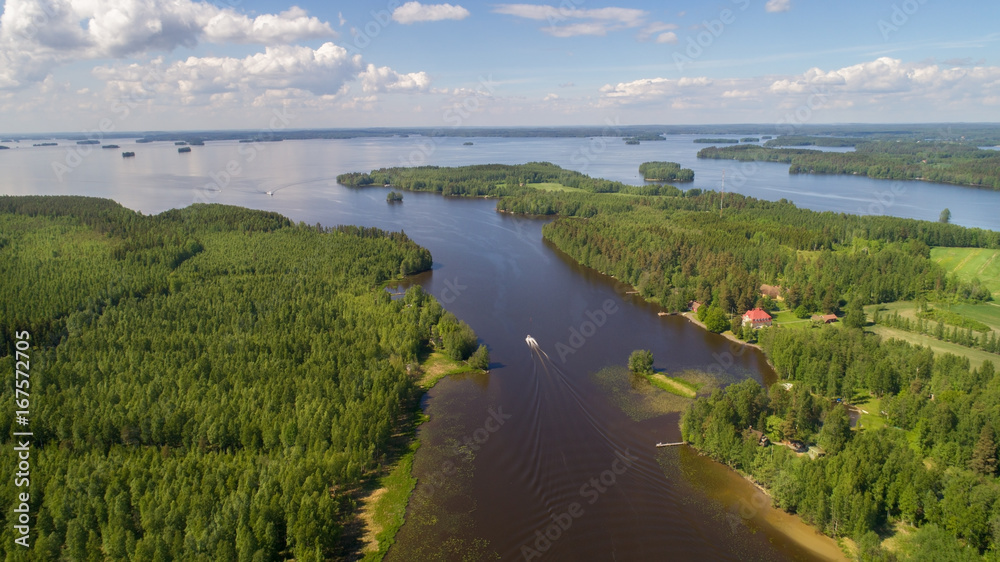 Aerial view of a river, lake and forest