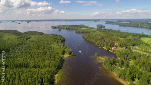 Aerial view of a river, lake and forest