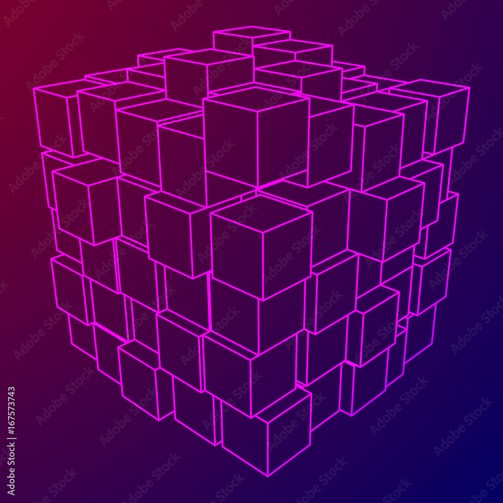 Fototapeta premium Siatka szkieletowa Big Data Cube wykonana z wielu kostek. Struktura połączenia. Koncepcja wizualizacji informacji cyfrowych. Ilustracji wektorowych.