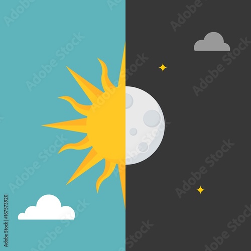 Sun and moon icon on day and night background for use in weather forecast or symbol, flat design vector