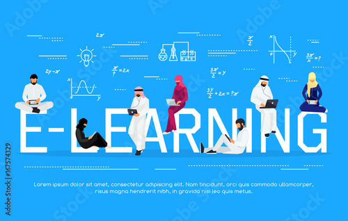 E-learning concept. Young Muslim people with tablet pc and laptops.
