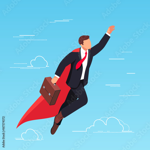 Isometric businessman flying in the sky like a superhero.