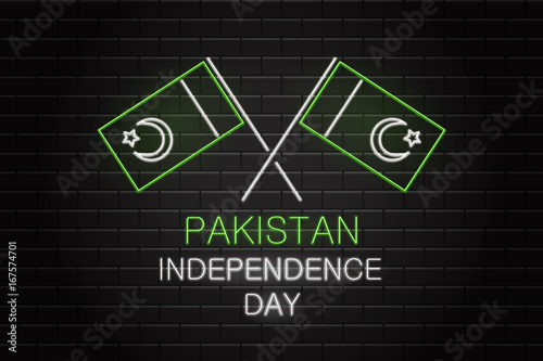 Vector realitic isolated neon sign of 14th August Pakistan Independence Day for decoration on the wall background.