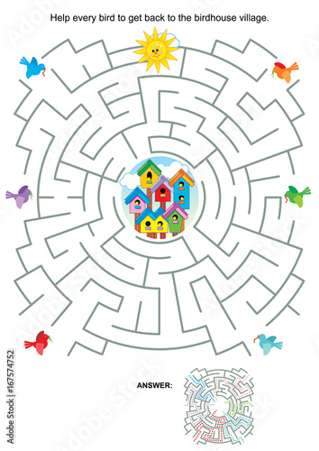 Maze game or activity page for kids: Help every bird to get back to the birdhouse village. Answer included.
