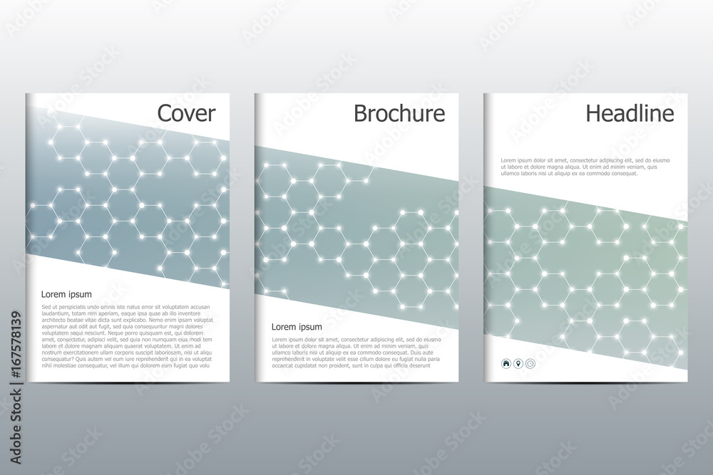 Brochure template layout, flyer, cover, annual report, magazine in A4 size. Structure of molecular particles and atom. Polygonal abstract background. Vector illustration.