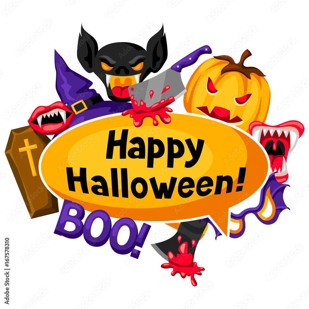 Happy Halloween background with cartoon holiday symbols. Invitation to party or greeting card