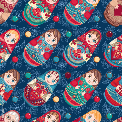 Russian souvenir. Matryoshka - babushka doll. Seamless pattern. Vector