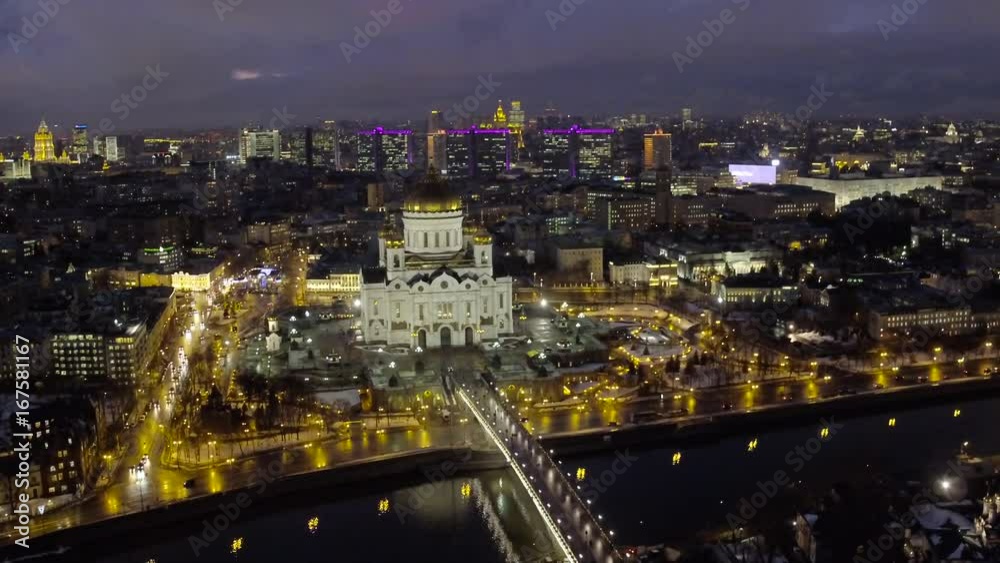 Night view of the Moscow city center, Kremlin and Cathedral of Christ the Saviour, aerial shot 4k Night view of the Moscow city center, Kremlin and Cathedral of Christ the Saviour, aerial shot 4k