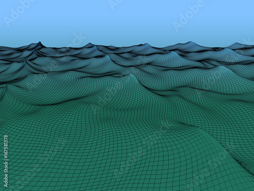 Abstract 3d  Illustration of water surface mesh. Grid background.