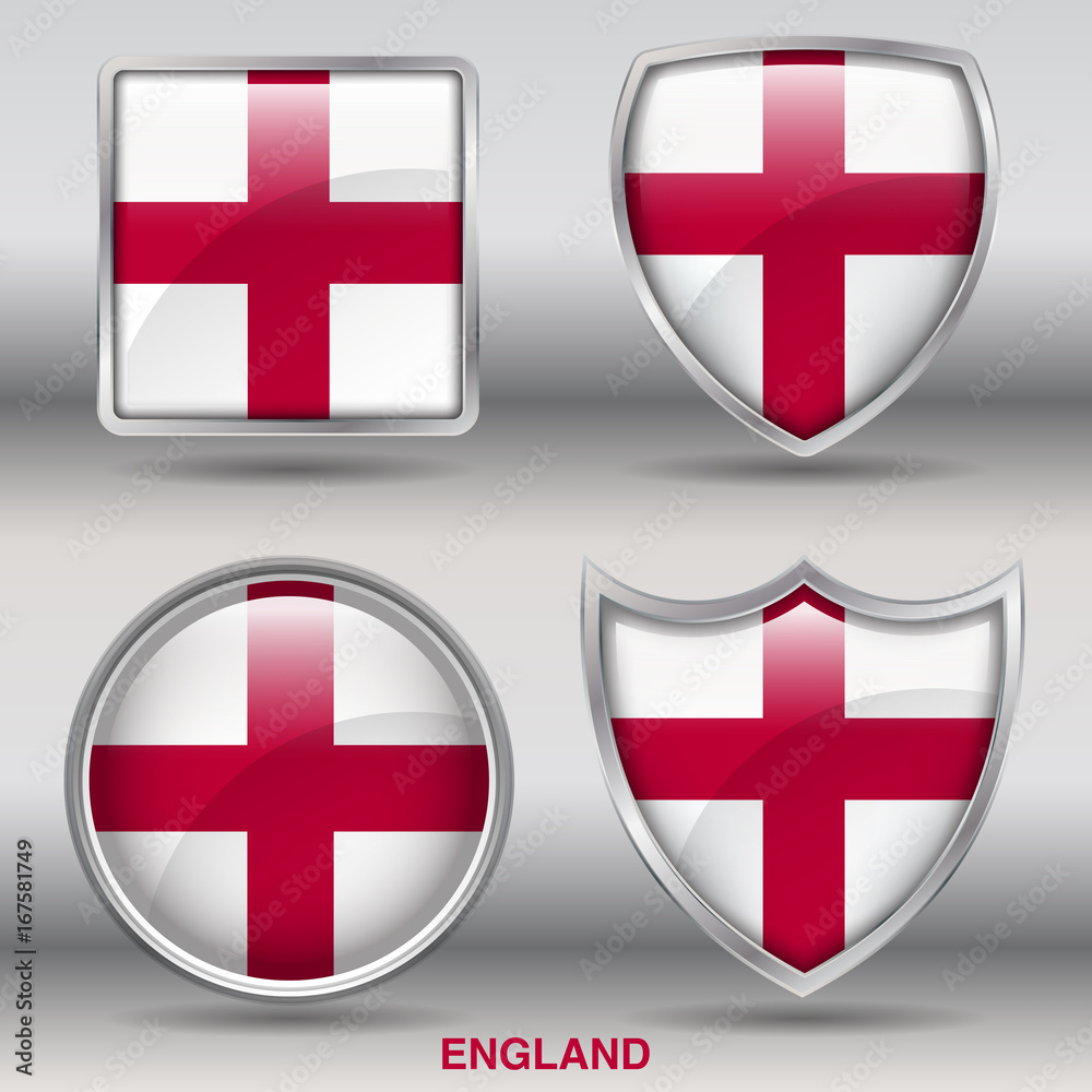 Flag of England in 4 shapes collection with clipping path