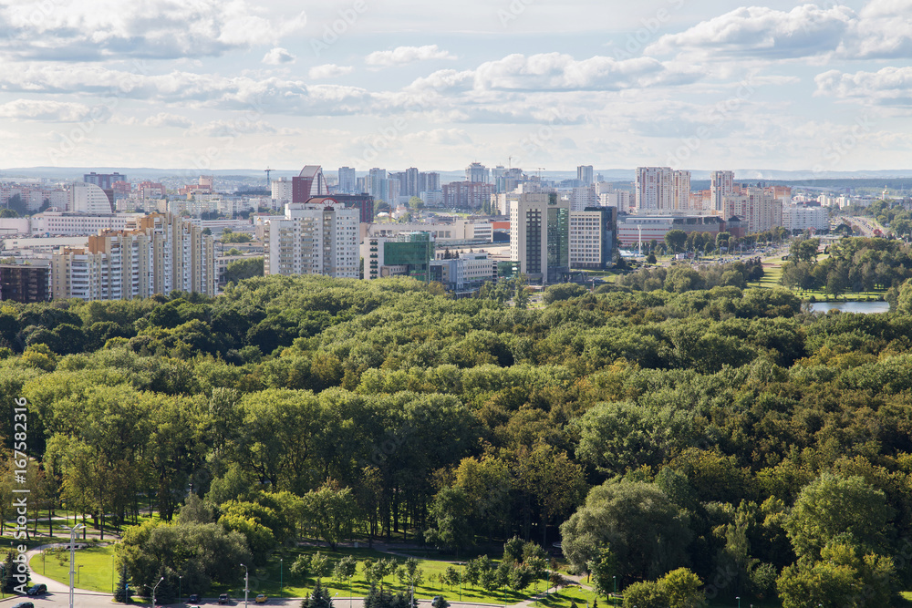 Aerial view of the western part of the Minsk with new multi-other buildings. Minsk is the capital and largest city of Belarus.