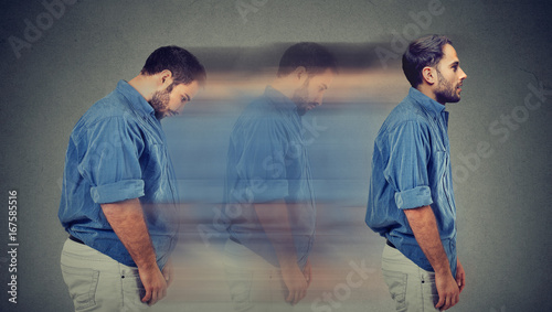 Side profile of a young sad chubby man transformation into a slim person