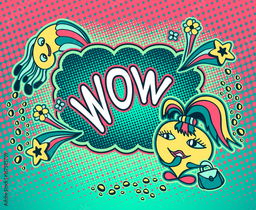 Doodle monster girl in pop art cartoon comic retro style with stars gems speech bubble  and inscription WOW with halftone for advertising Rating quality product