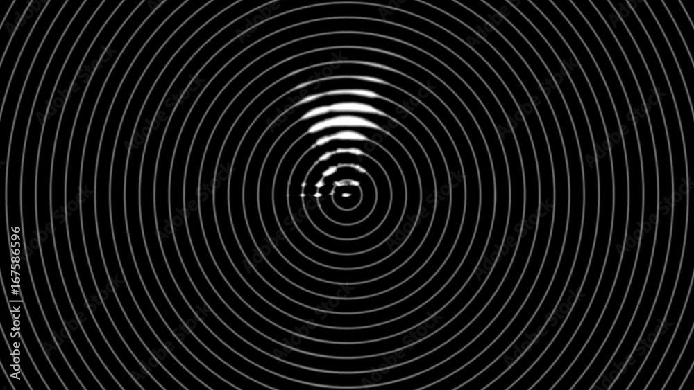Simulacion abstracta y fractal de barrido de radar, con circulos concentricos y nubes en blanco y negro
