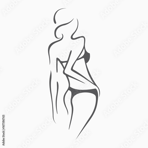 Sexy fitness naked girl with a chic figure. Intimate sexy lady, model in a pose. Lovely ass In swimsuit, panties. Drawn graphics for design, Abstraction background