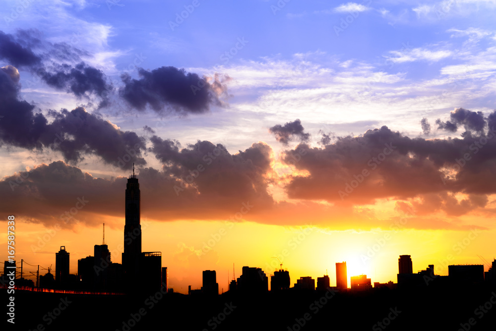 silhouette of cityscape bangkok city on sunset sky bakground, thailand