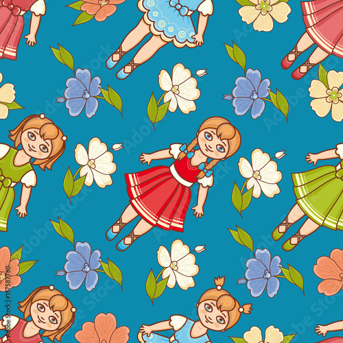 Little Ballerina and Flower. Cartoon style. Seamless pattern. Baby Doll. 
