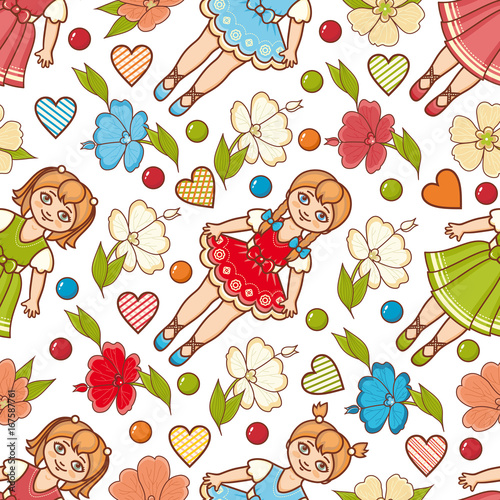 Little Ballerina and Flower. Cartoon style. Seamless pattern. Baby Doll. 