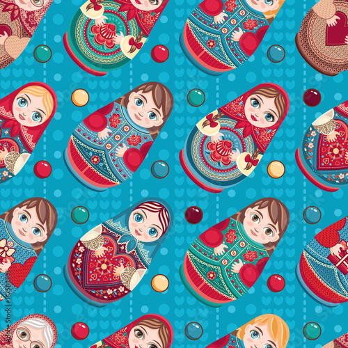 Russian souvenir. Matryoshka - babushka doll. Seamless pattern. Vector