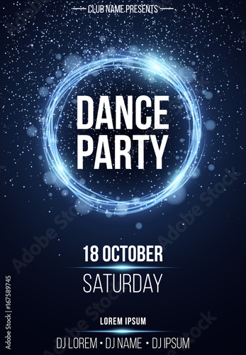 Background vertical poster for a dance party. Shining blue banner with blue dust. Abstract blue lights. Festive poster. DJ and club name. Vector