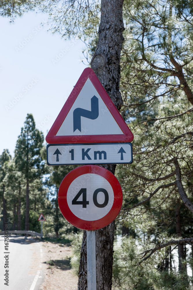 Verkehrszeichen - Achtung Kurven, Zulässige Höchstgeschwindigkeit 40 km/h