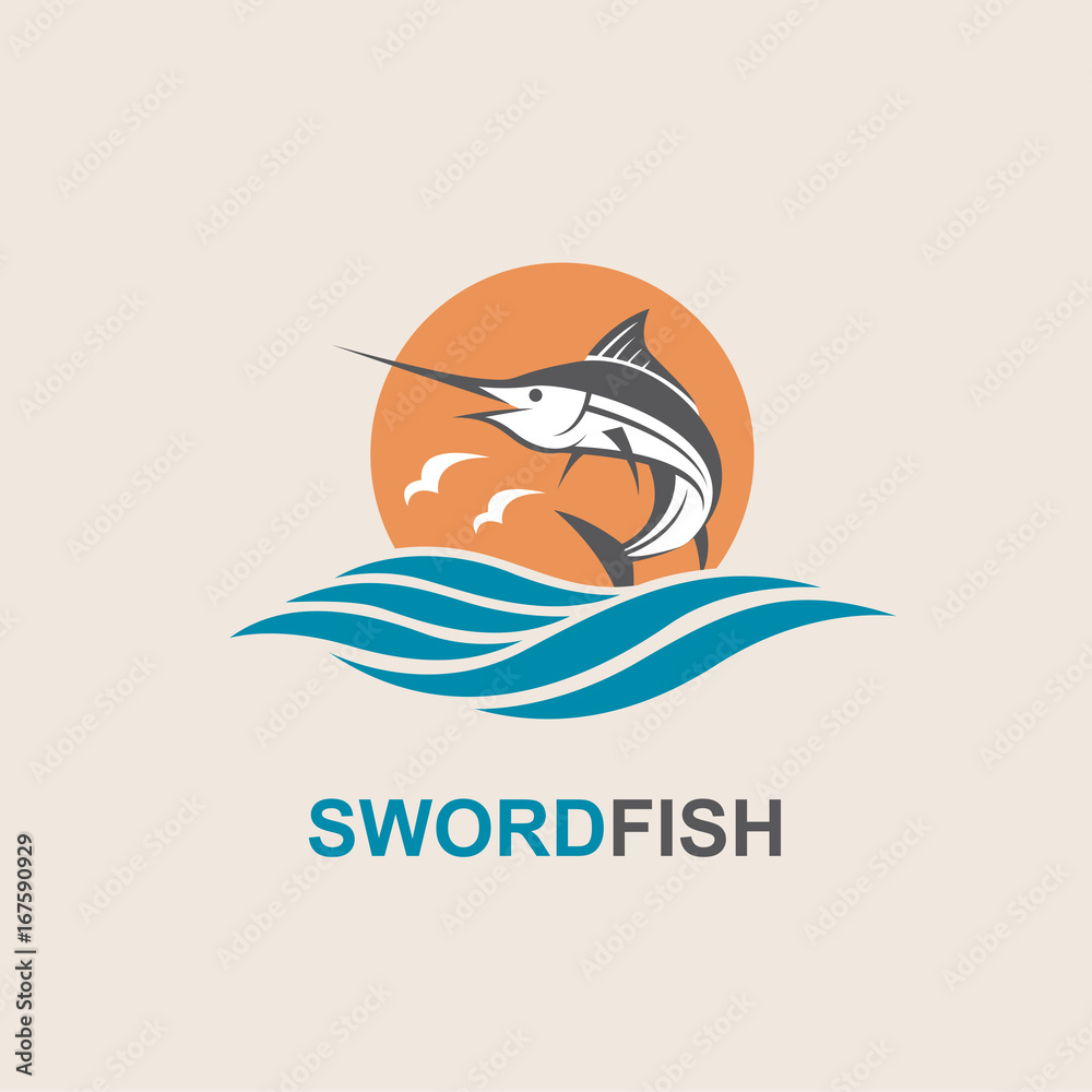 Fototapeta premium icon of swordfish with waves for fishing design