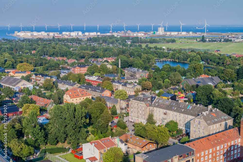 Aerial view of Freetown Christiania in Copenhagen, Denmark