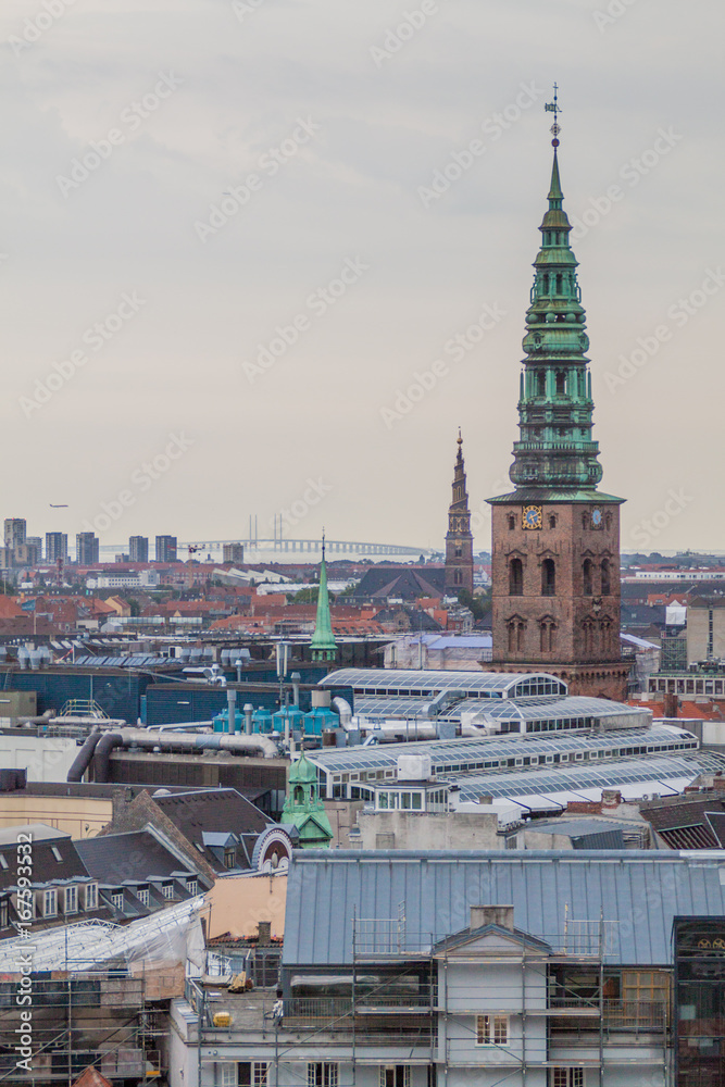 Skyline of Copenhagen, Denmark. Oresund bridge in the background.
