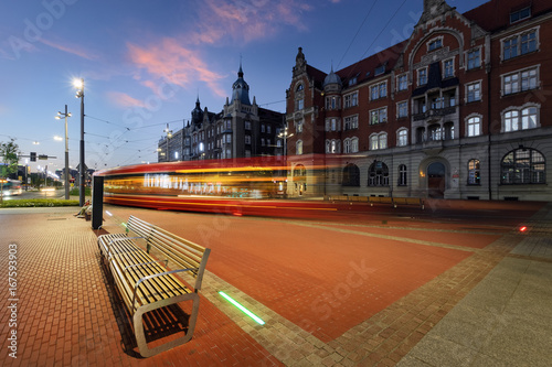 Central part of Katowice, and the tram light trails