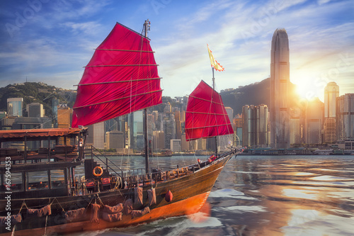 Canvas Print 3D illustration of vintage ship sailing to Hong kong harbor