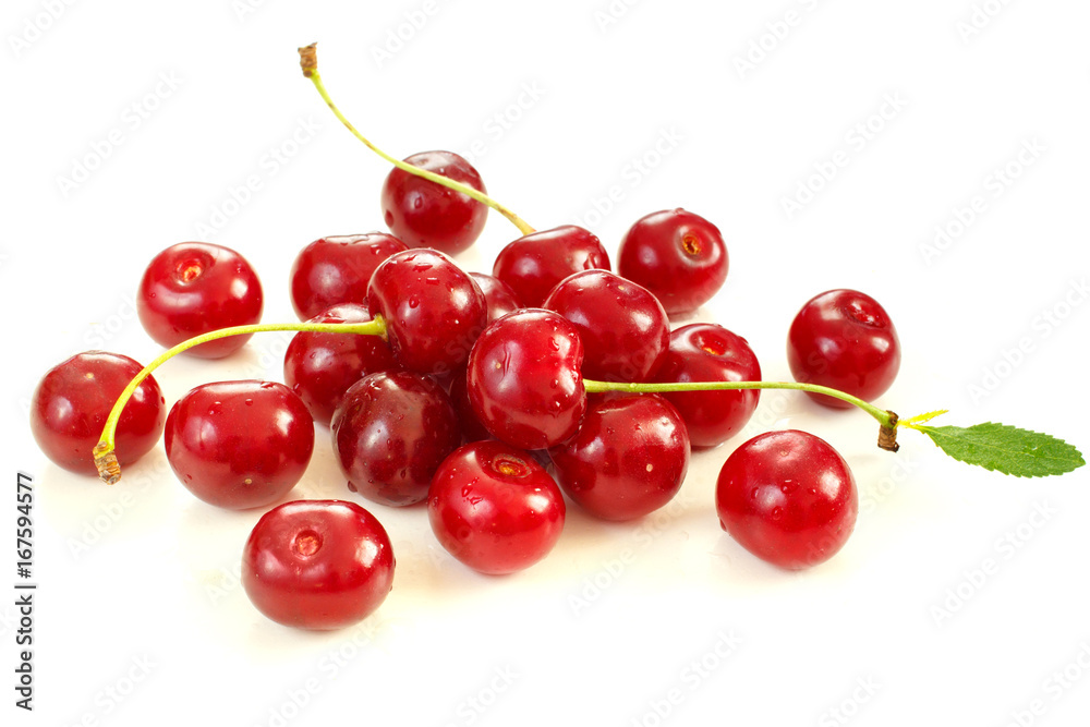 Red fresh cherry heap on white background