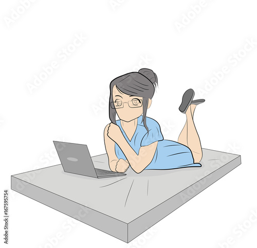 Girl lies with laptop on bed. vector illustration.
