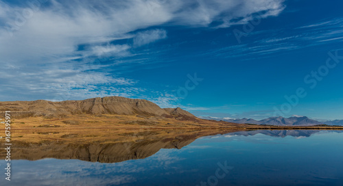 A Perfectly still pond reflection the mountains behind, Iceland