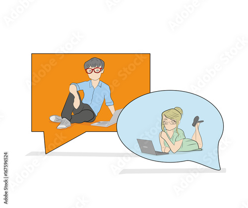 Chat talk addiction concept illustration of young people using computers to send messages to each other via messaging Flat guy and woman sitting on the big speech bubbles and typing messages 