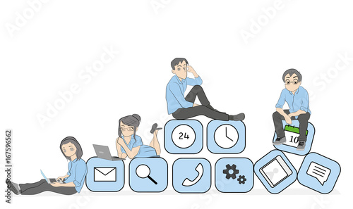 Young men and women sitting on mobile application icons and using a smartphone and laptop to read news and text messages for friends. Flat concept illustration of application dependency. vector 