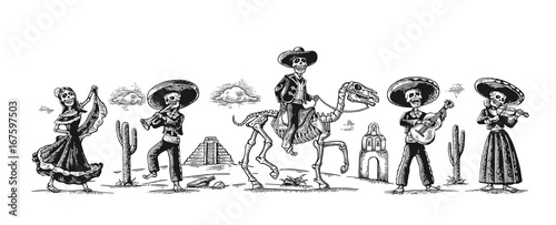 Day of the Dead, Dia de los Muertos. The skeleton in the Mexican national costumes dance, sing and play the guitar.