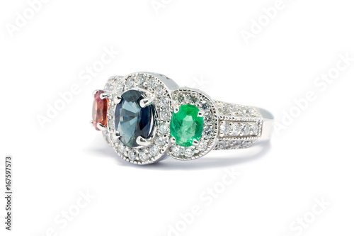 Closed up Emerald, Blue Sapphire and Pink Diamond with white diamond and Platinum ring