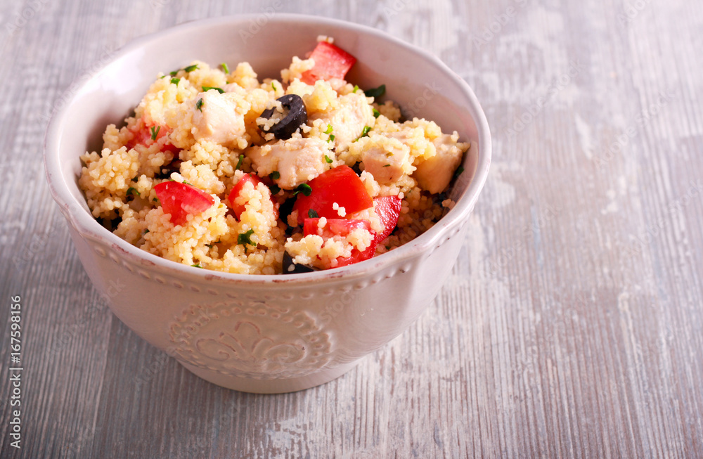 Couscous, chicken, tomato, olive and parsley salad Couscous, chicken, tomato, olive and parsley salad