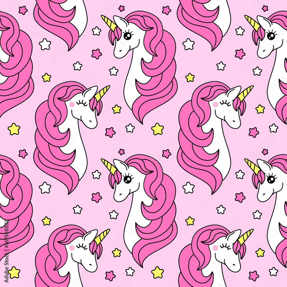 Obraz premium Cute childish seamless pattern with cartoon character of magic unicorn