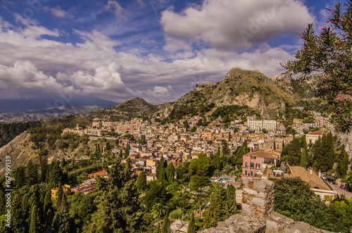 Panoramic view of the city of Taormina from its ancient Greek theater