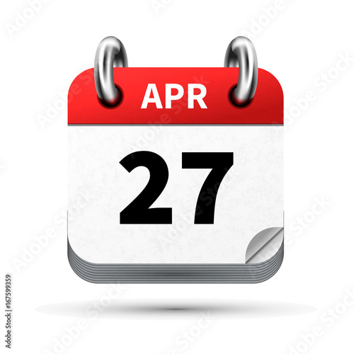 Bright realistic icon of calendar with 27 april date isolated on white