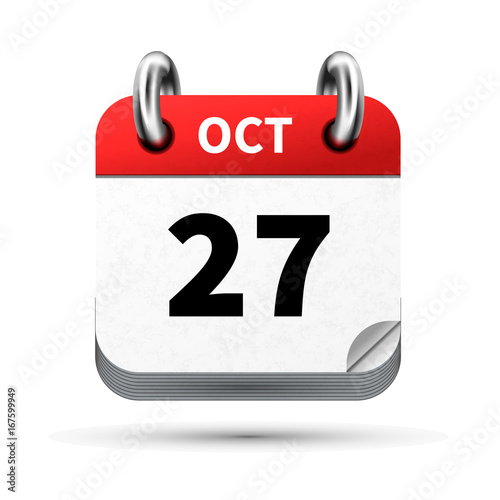 Bright realistic icon of calendar with 27 october date isolated on white