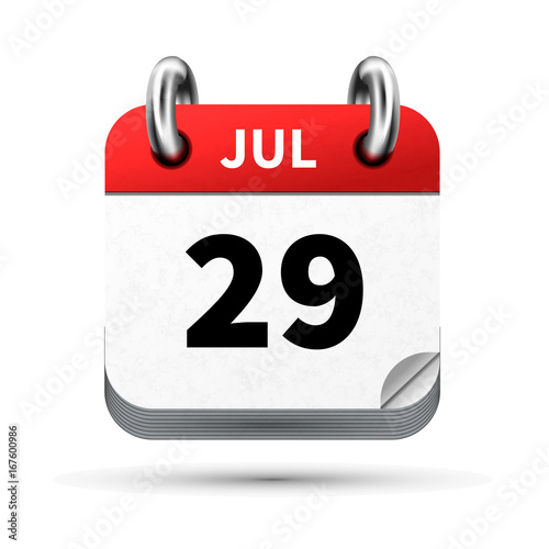 Bright realistic icon of calendar with 29 july date isolated on white