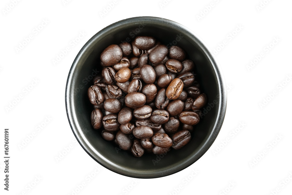 Coffee beans in a black bowl isolated on white background Coffee beans in a black bowl isolated on white background