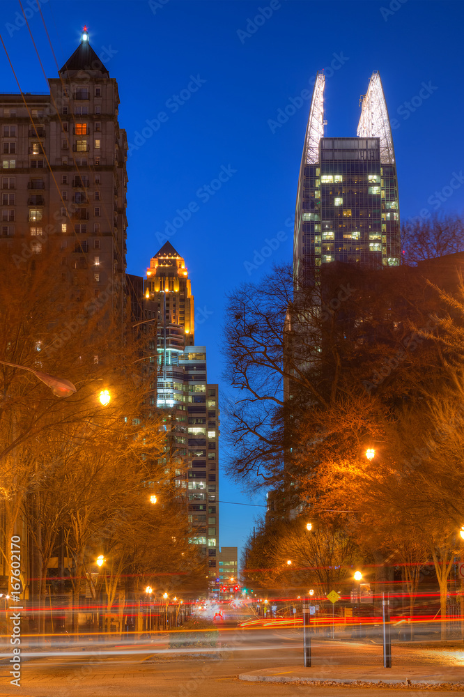 Night view of skyscrapers on the 14th Street in the Midtown Atlanta, USA