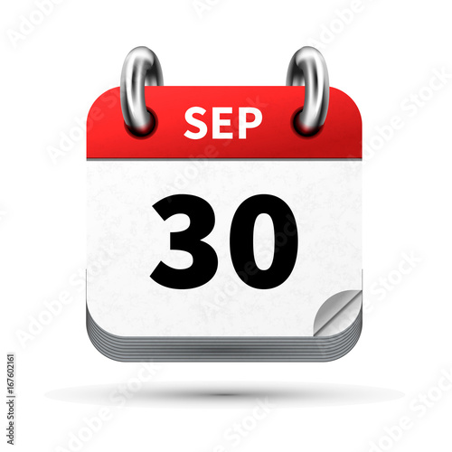 Bright realistic icon of calendar with 30 september date isolated on white