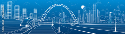Infrastructure transportation panoramic. Train rides under bridge. Towers and skyscrapers. Urban scene, modern city on background, industrial architecture. White lines, vector design art 