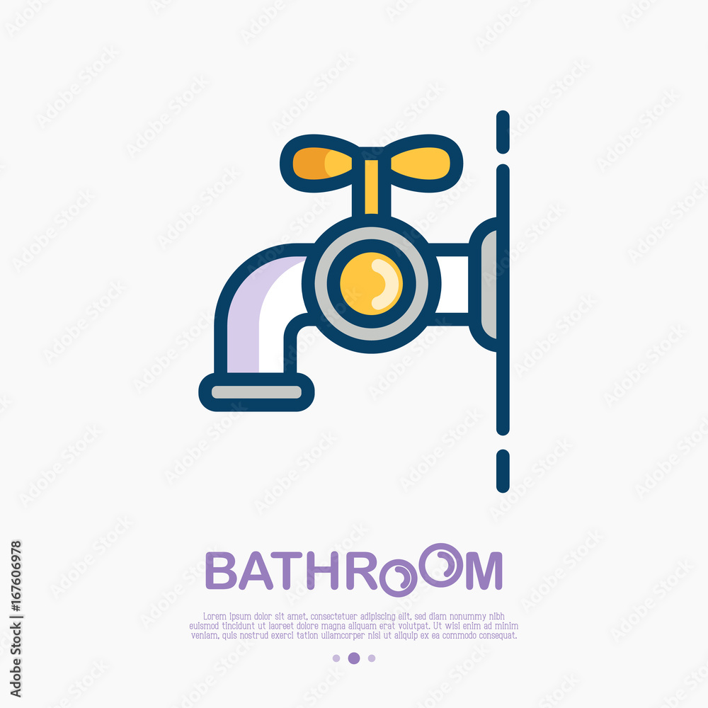 Faucet thin line icon with water drop. Modern vector illustration for logo of plumber, bathroom equipment shop.